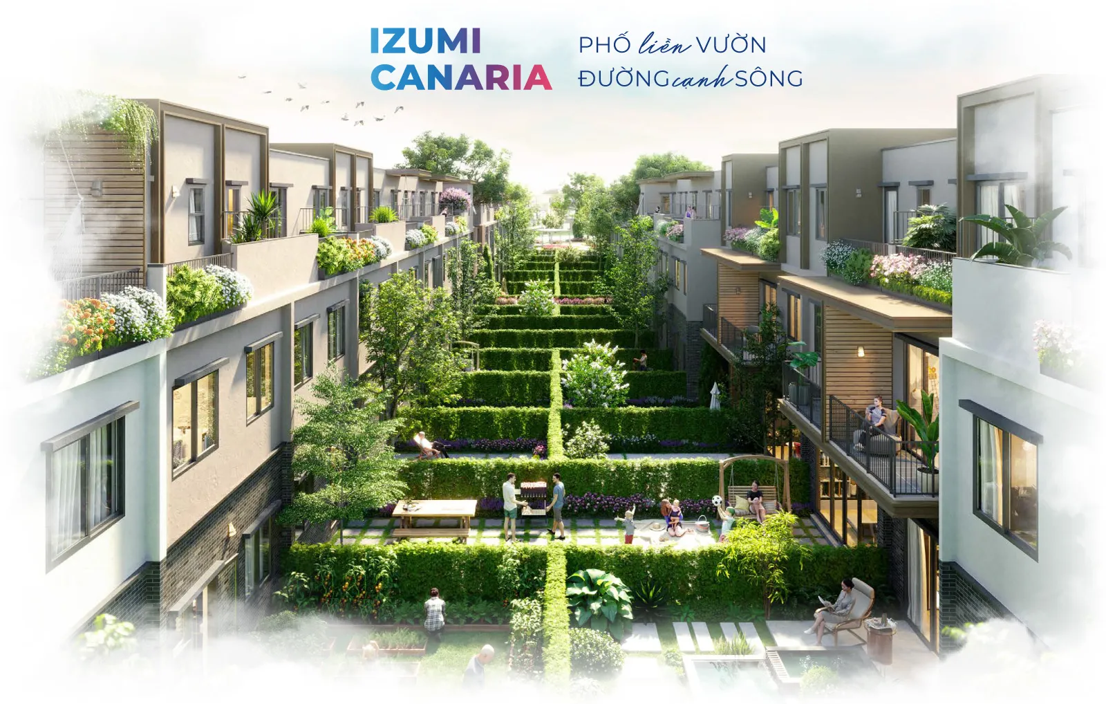 Phối cảnh sân vườn giữa hai dãy nhà thấp tầng tại phân khu Izumi Canaria